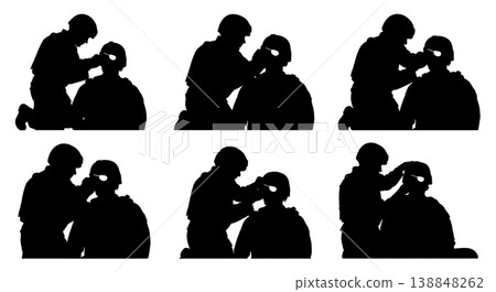 Black Solid Medic Applying Eye Patch Silhouettes Set Of Six On White Background 138848262
