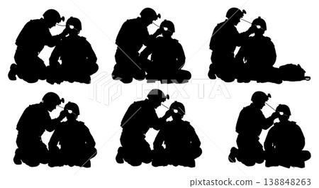 Black Solid Medic Applying Eye Patch Silhouettes Set Of Six On White Background 138848263