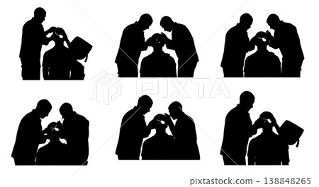 Black Solid Medic Applying Eye Patch Silhouettes Set Of Six On White Background Black Solid Medic Applying Eye Patch Silhouettes Set Of Six On White Background 138848265