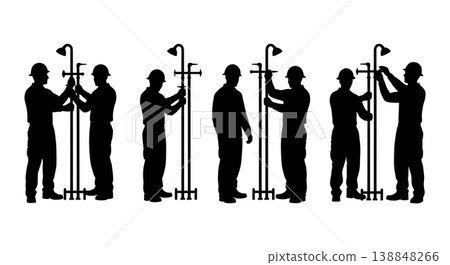 Black Solid Decontamination Shower Repair Mechanics Silhouettes Set of Six on White Background Black Solid Decontamination Shower Repair Mechanics Silhouettes Set of Six on White Background 138848266