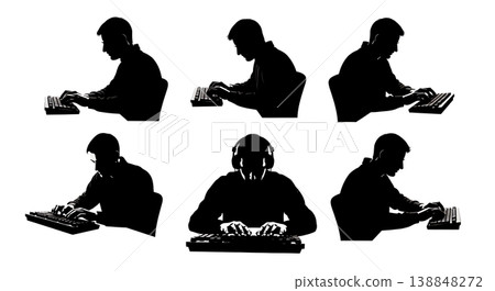 Black Solid Cyber Warfare Operator Silhouettes Set of Six on White Background Black Solid Cyber Warfare Operator Silhouettes Set of Six on White Background 138848272