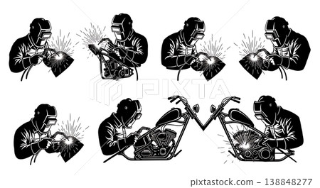 Black Solid Custom Chopper Welding Mechanic Silhouettes Black Solid Custom Chopper Welding Mechanic Silhouettes 138848277