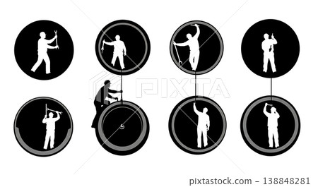 Black Solid Crawling Inside Jet Intake Cowl Technician Silhouettes Set of Six on White Background 138848281