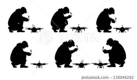 Black Solid Crouching FPV Drone Pilot Silhouettes Set of Six on White Background 138848282