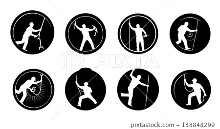 Black Solid Crawling Inside Jet Intake Cowl Technician Silhouettes Set of Six on White Background 138848299