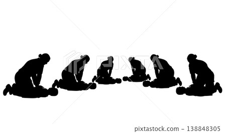 Black Solid CPR Chest Compression Medic Silhouettes Set of Six on White Background Black Solid CPR Chest Compression Medic Silhouettes Set of Six on White Background 138848305