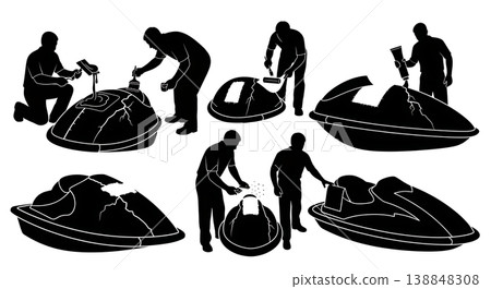 Black Solid Cracked PWC Fiberglass Hull Patching Silhouettes Set of Six on White Background Black Solid Cracked PWC Fiberglass Hull Patching Silhouettes Set of Six on White Background 138848308