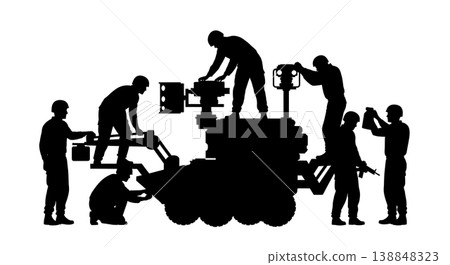 Black Solid Controlled Detonation Deployment Technicians Silhouettes Set of Six on White Background Black Solid Controlled Detonation Deployment Technicians Silhouettes Set of Six on White Background 138848323