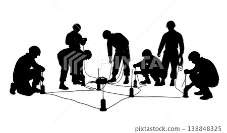 Black Solid Controlled Detonation Deployment Technicians Silhouettes Set of Six on White Background 138848325