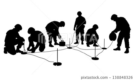 Black Solid Controlled Detonation Deployment Technicians Silhouettes Set of Six on White Background 138848326