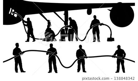 Black Solid Connecting Heavy Hose Fueling Port Personnel Silhouettes Set of Six on White Background 138848342