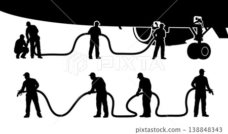 Black Solid Connecting Heavy Hose Fueling Port Personnel Silhouettes Set of Six on White Background 138848343