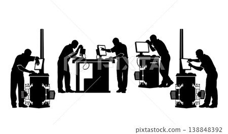 Black Solid Computerized Wheel Alignment Silhouettes Set of Six on White Background Black Solid Computerized Wheel Alignment Silhouettes Set of Six on White Background 138848392