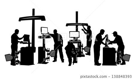 Black Solid Computerized Wheel Alignment Silhouettes Set of Six on White Background 138848393