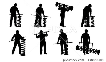 Black Solid Compressing Coil Spring Strut Specialist Silhouettes Set of Six on White Background Black Solid Compressing Coil Spring Strut Specialist Silhouettes Set of Six on White Background 138848408