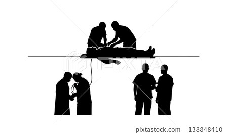 Black Solid Doctor Collapsed Lung Chest Tube Silhouettes Set Of Six On White Background Black Solid Doctor Collapsed Lung Chest Tube Silhouettes Set Of Six On White Background 138848410
