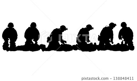 Black Solid Combat Gauze Application Medic Silhouettes Set Of Six On White Background 138848411