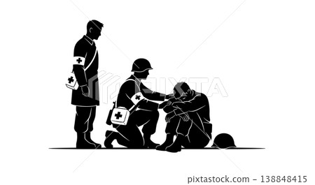 Black Solid Combat Stress Control Medic Silhouettes Set Of Six On White Background Black Solid Combat Stress Control Medic Silhouettes Set Of Six On White Background 138848415