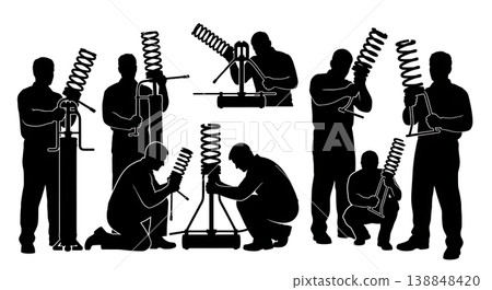 Black Solid Coil Spring Compressor Tool Silhouettes Set of Six on White Background Black Solid Coil Spring Compressor Tool Silhouettes Set of Six on White Background 138848420