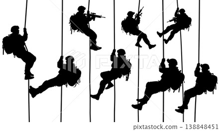 Black Solid Climbing Thick Rope Heavy Gear Soldier Silhouettes Set of Six on White Background 138848451