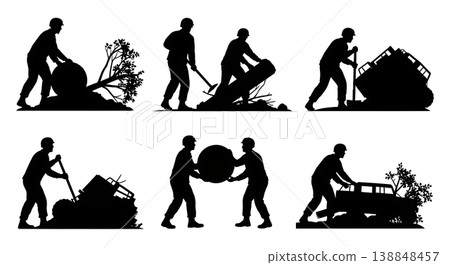 Black Solid Clearing Heavy Debris Path Engineer Silhouettes Set of Six on White Background Black Solid Clearing Heavy Debris Path Engineer Silhouettes Set of Six on White Background 138848457