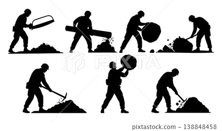 Black Solid Clearing Heavy Debris Path Engineer Silhouettes Set of Six on White Background Black Solid Clearing Heavy Debris Path Engineer Silhouettes Set of Six on White Background 138848458