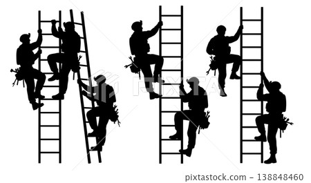 Black Solid Climbing Ladder Toolbelt Troop Silhouettes Set of Six on White Background Black Solid Climbing Ladder Toolbelt Troop Silhouettes Set of Six on White Background 138848460