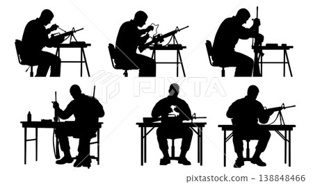 Black Solid Cleaning Service Rifle Soldier Silhouettes Set of Six on White Background Black Solid Cleaning Service Rifle Soldier Silhouettes Set of Six on White Background 138848466