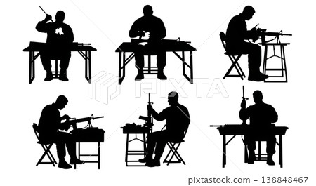 Black Solid Cleaning Service Rifle Soldier Silhouettes Set of Six on White Background Black Solid Cleaning Service Rifle Soldier Silhouettes Set of Six on White Background 138848467