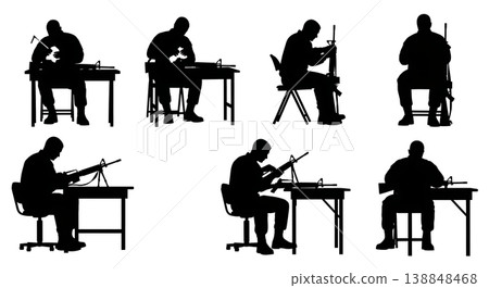 Black Solid Cleaning Service Rifle Soldier Silhouettes Set of Six on White Background Black Solid Cleaning Service Rifle Soldier Silhouettes Set of Six on White Background 138848468