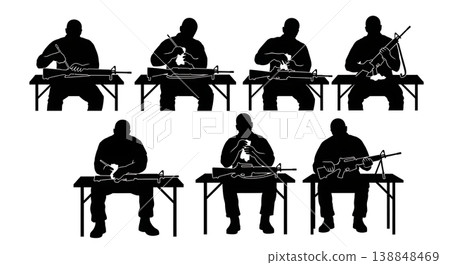 Black Solid Cleaning Service Rifle Soldier Silhouettes Set of Six on White Background 138848469