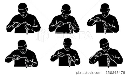 Black Solid Cleaning Carbon Spark Plug Technician Silhouettes Set of Six on White Background 138848476