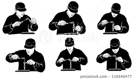 Black Solid Cleaning Carbon Spark Plug Technician Silhouettes Set of Six on White Background 138848477