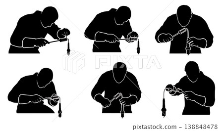 Black Solid Cleaning Carbon Spark Plug Technician Silhouettes Set of Six on White Background Black Solid Cleaning Carbon Spark Plug Technician Silhouettes Set of Six on White Background 138848478