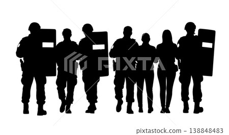 Black Solid Civilian Negotiator Escort Silhouettes Set of Six on White Background 138848483