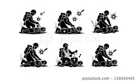 Black Solid Classic Infantry First Aid Silhouettes Set Of Six On White Background Black Solid Classic Infantry First Aid Silhouettes Set Of Six On White Background 138848485