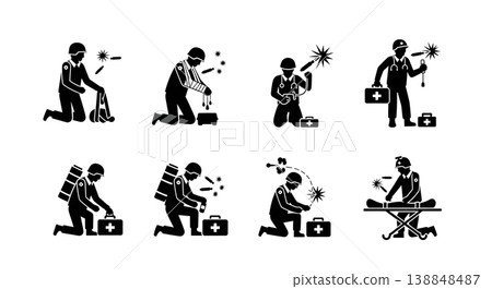 Black Solid Classic Infantry First Aid Silhouettes Set Of Six On White Background Black Solid Classic Infantry First Aid Silhouettes Set Of Six On White Background 138848487