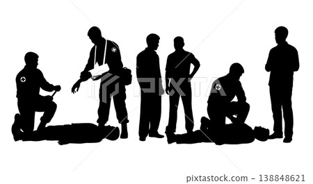 Black Solid Medic Civilian First Aid Teaching Silhouettes Set Of Six On White Background 138848621