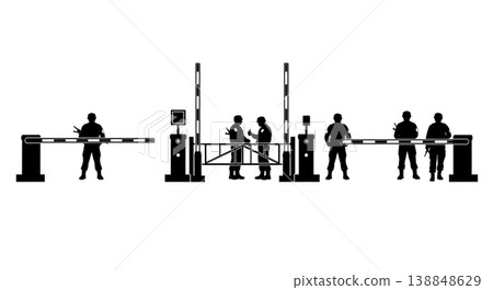 Black Solid Civilian ID Checking Guard Silhouettes Set of Six on White Background Black Solid Civilian ID Checking Guard Silhouettes Set of Six on White Background 138848629