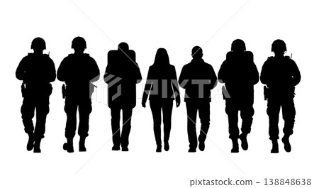 Black Solid Civilian Negotiator Escort Silhouettes Set of Six on White Background 138848638