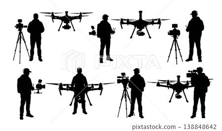 Black Solid Cinematic Dual Drone Operator Silhouettes Set of Six on White Background 138848642