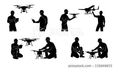Black Solid Civil Engineer Drone Mapper Silhouettes Set of Six on White Background Black Solid Civil Engineer Drone Mapper Silhouettes Set of Six on White Background 138848655