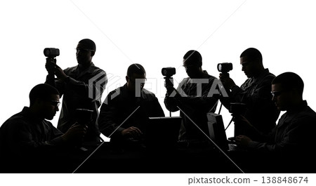 Black Solid Chemical Detector Calibration Technicians Silhouettes Set of Six on White Background Black Solid Chemical Detector Calibration Technicians Silhouettes Set of Six on White Background 138848674