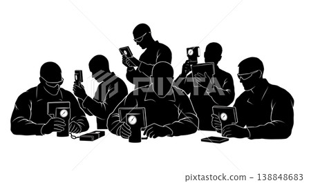 Black Solid Chemical Detector Calibration Technicians Silhouettes Set of Six on White Background 138848683