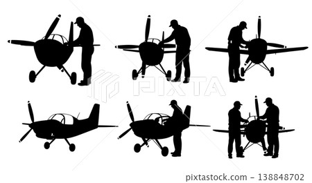 Black Solid Checking Small Propeller Blade Technician Silhouettes Set of Six on White Background Black Solid Checking Small Propeller Blade Technician Silhouettes Set of Six on White Background 138848702