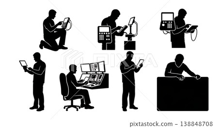 Black Solid Smart Controller Drone Operator Silhouettes Set of Six on White Background 138848708