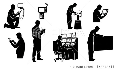 Black Solid Smart Controller Drone Operator Silhouettes Set of Six on White Background Black Solid Smart Controller Drone Operator Silhouettes Set of Six on White Background 138848711