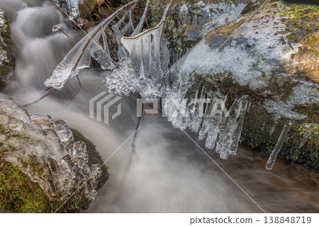 Frozen branches at edge of flowing stream during winter in forest Frozen branches at edge of flowing stream during winter in forest 138848719