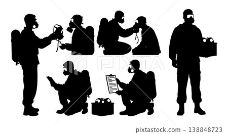 Black Solid Chemical Attack Gas Mask Medic Silhouettes Set Of Six On White Background Black Solid Chemical Attack Gas Mask Medic Silhouettes Set Of Six On White Background 138848723