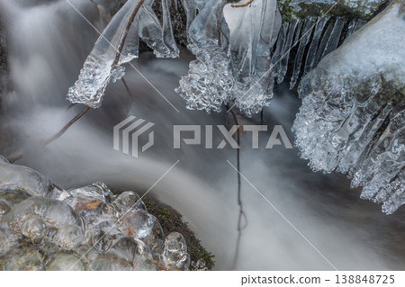 Frozen branches at edge of flowing stream during winter in forest Frozen branches at edge of flowing stream during winter in forest 138848725